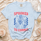 Light blue t-shirt with "Spooked to Commit" text and skeleton bride graphic.