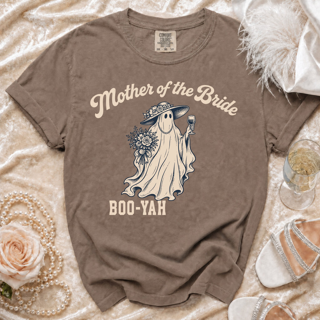 Brown t-shirt with "Mother of the Bride" and ghost graphic, "Boo-Yah" text.