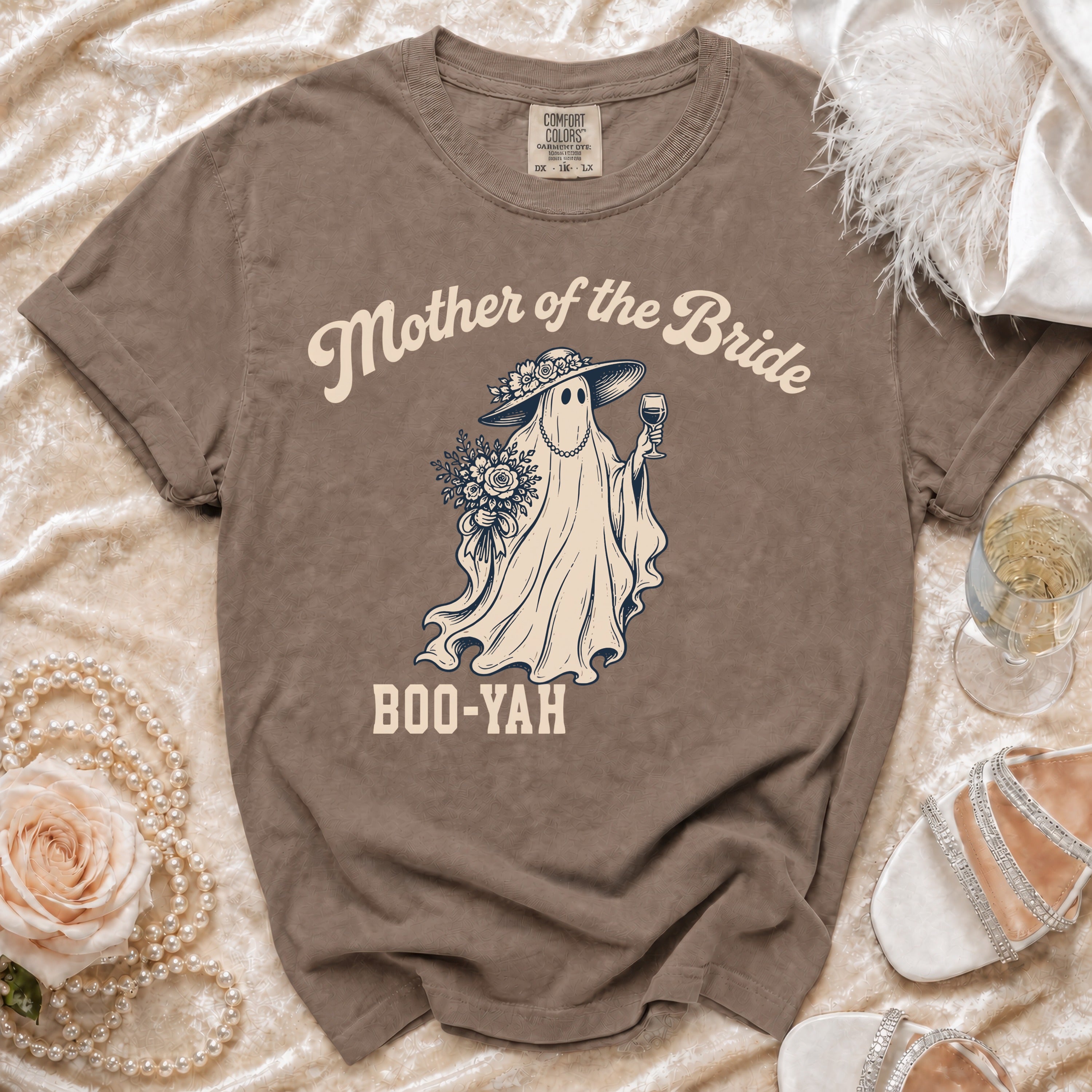 Brown t-shirt with "Mother of the Bride" and ghost graphic, "Boo-Yah" text.