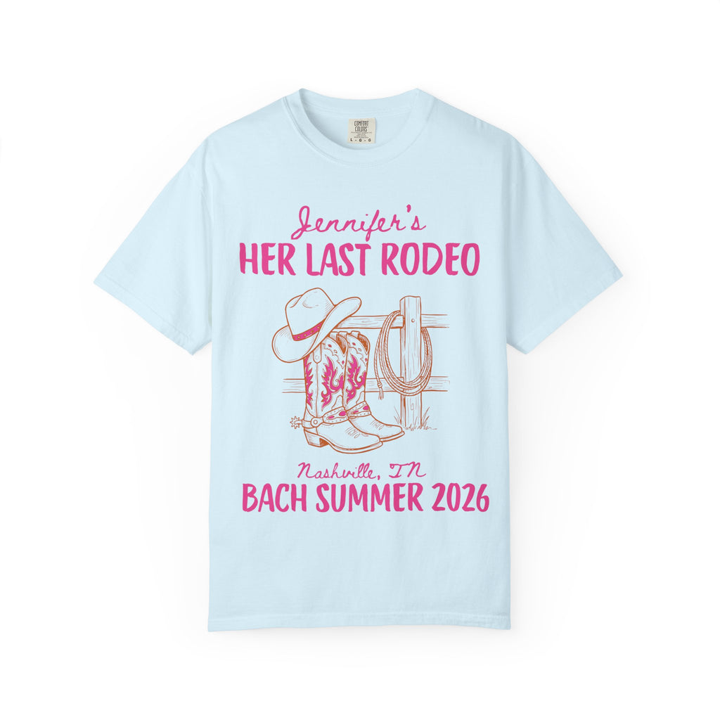 Pink text "Jennifer's Her Last Rodeo" over cowboy hat, boots, and rope.