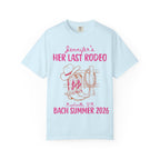 Pink text "Jennifer's Her Last Rodeo" over cowboy hat, boots, and rope.