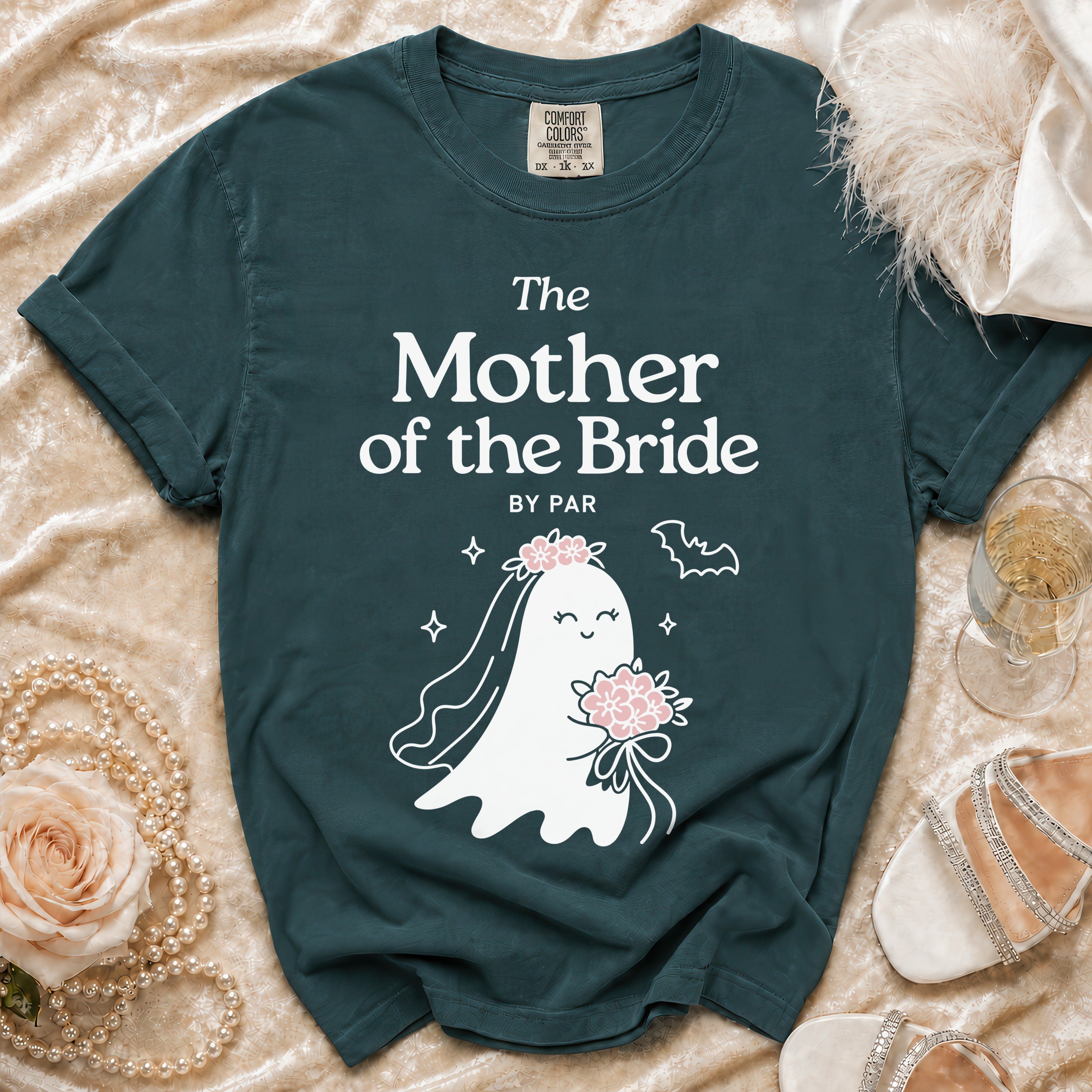 Dark green t-shirt with "The Mother of the Bride" and a ghost bride graphic.