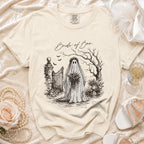 Cream t-shirt with "Bride of Boo" and ghost bride illustration.