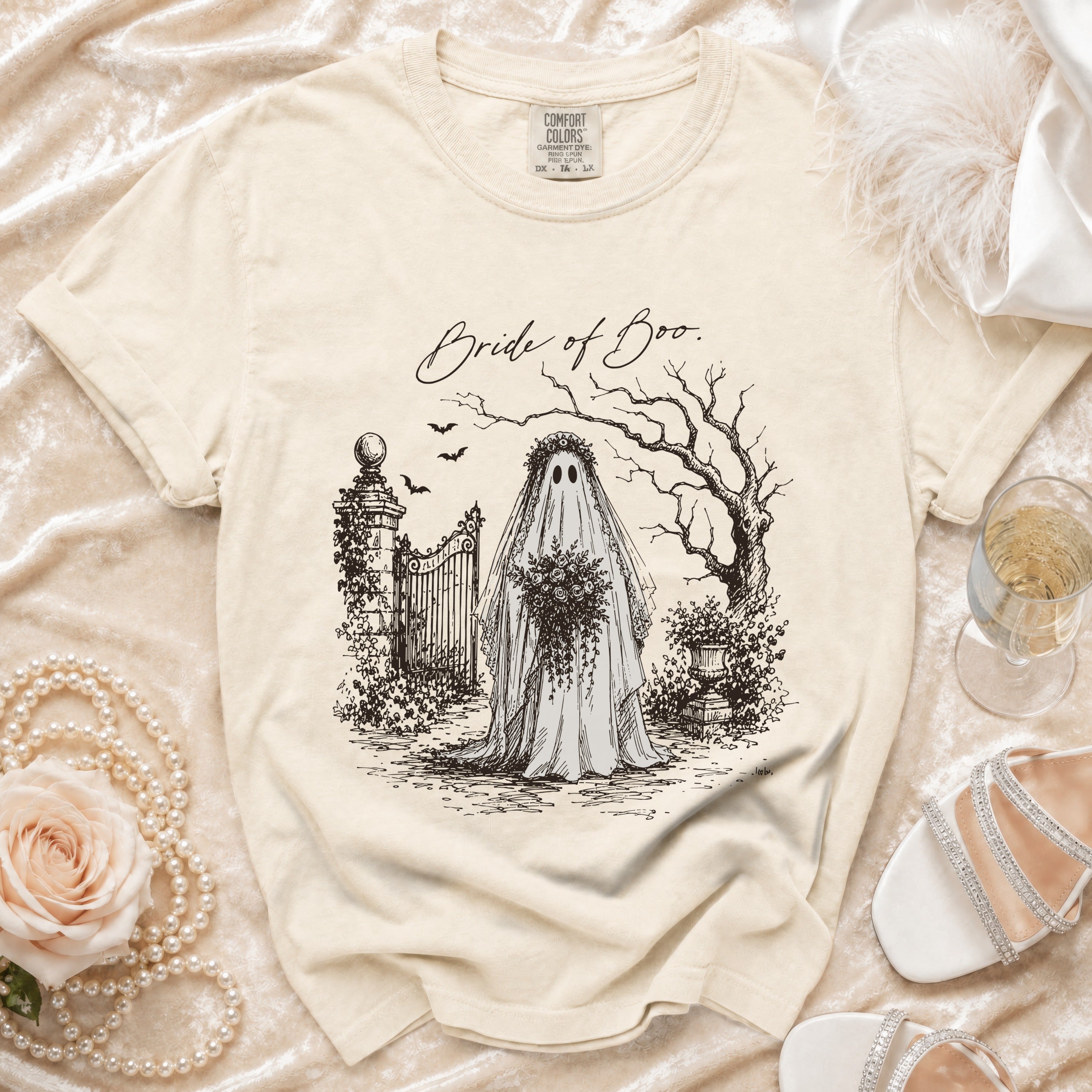 Cream t-shirt with "Bride of Boo" and ghost bride illustration.