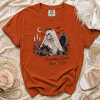 Orange t-shirt with skeleton bride graphic and "Something Wicked Said 'I Do'" text.
