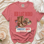 "Her Last Rodeo" t-shirt with boots, hat, and "Jennifer's Bach Nashville, TN Summer 2026" text.