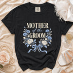 Black Comfort Colors t-shirt with "MOTHER of the GROOM" floral text.