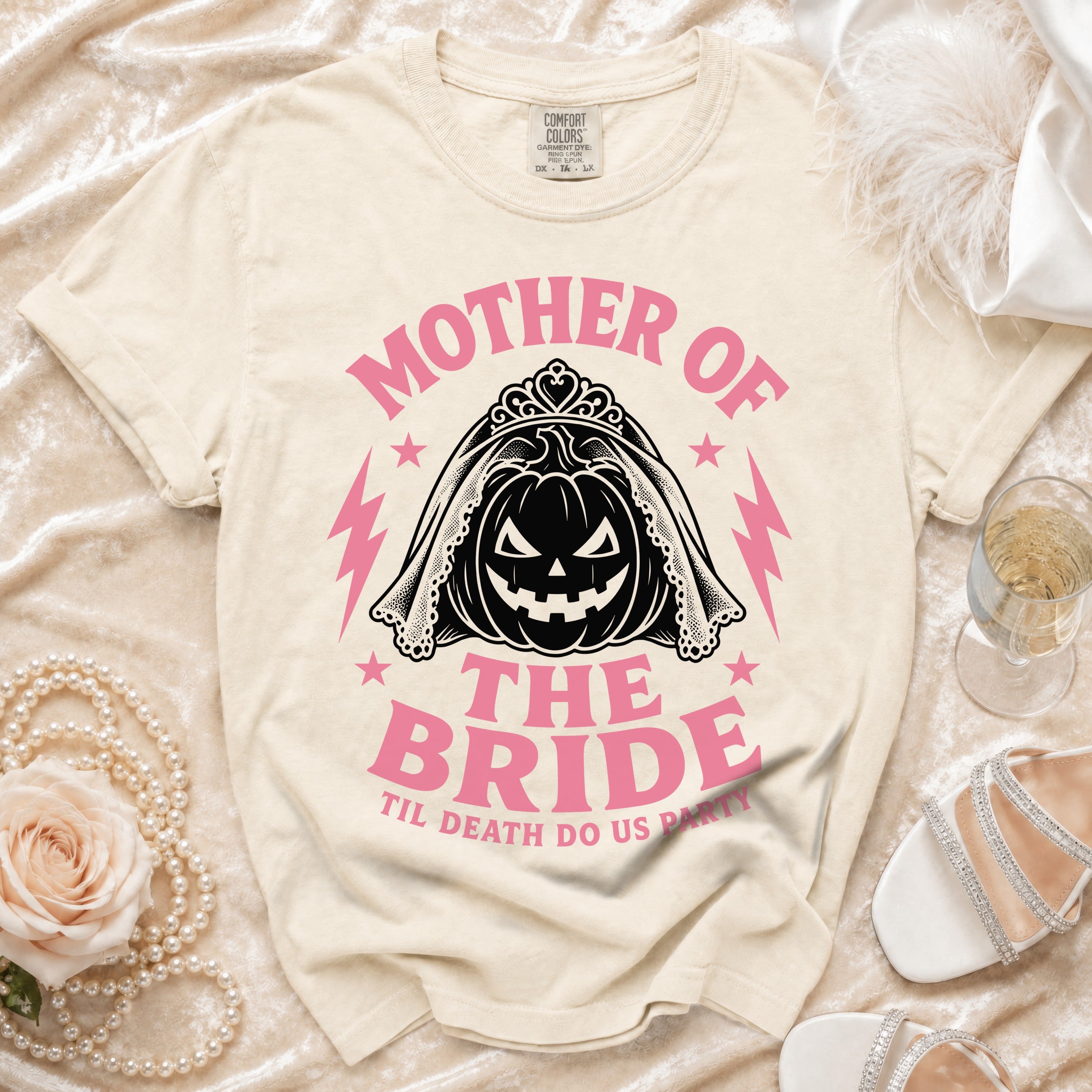 Cream t-shirt with "Mother of The Bride 'Til Death Do Us Party" Halloween graphic.