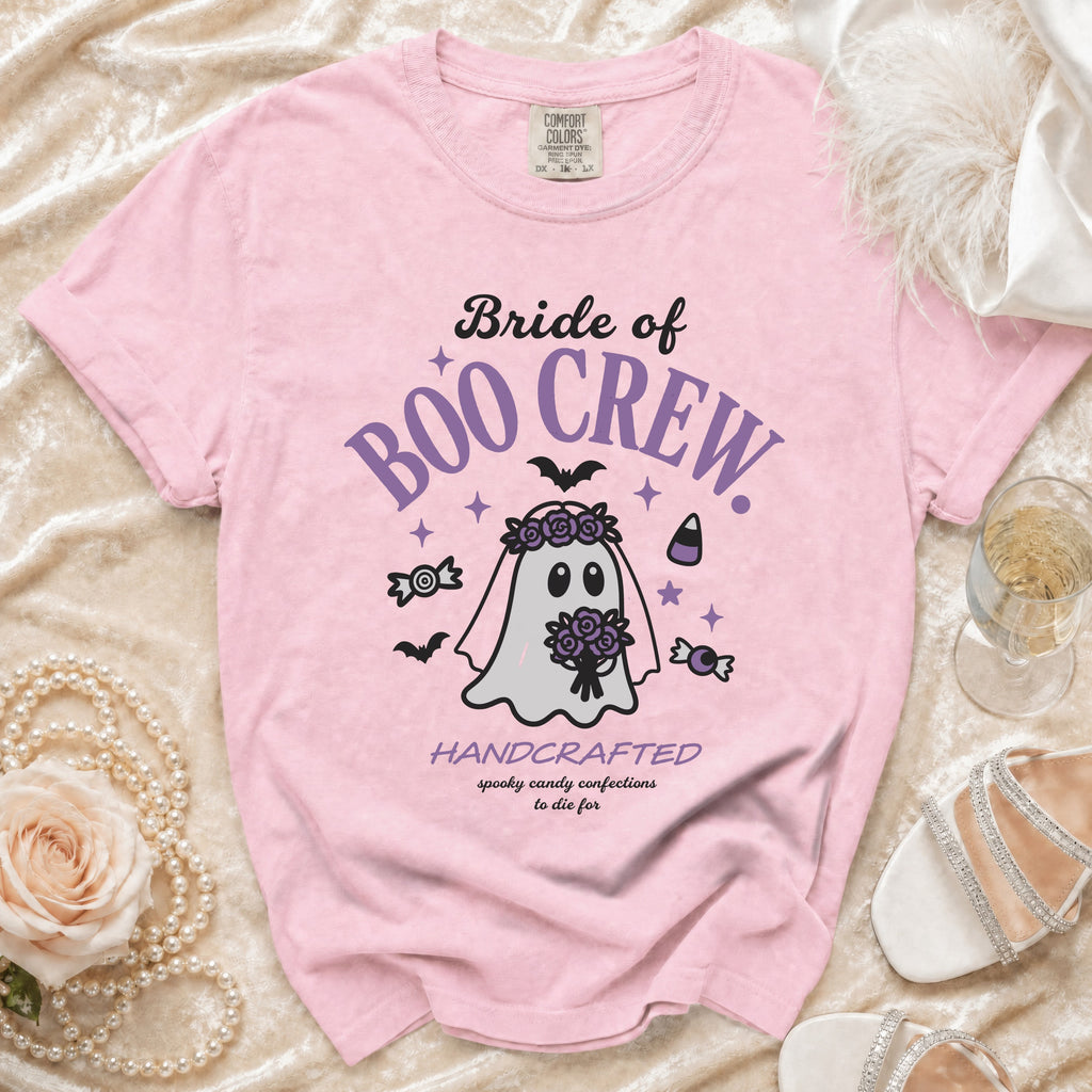 Pink t-shirt with "Bride of Boo Crew" and ghost graphic.
