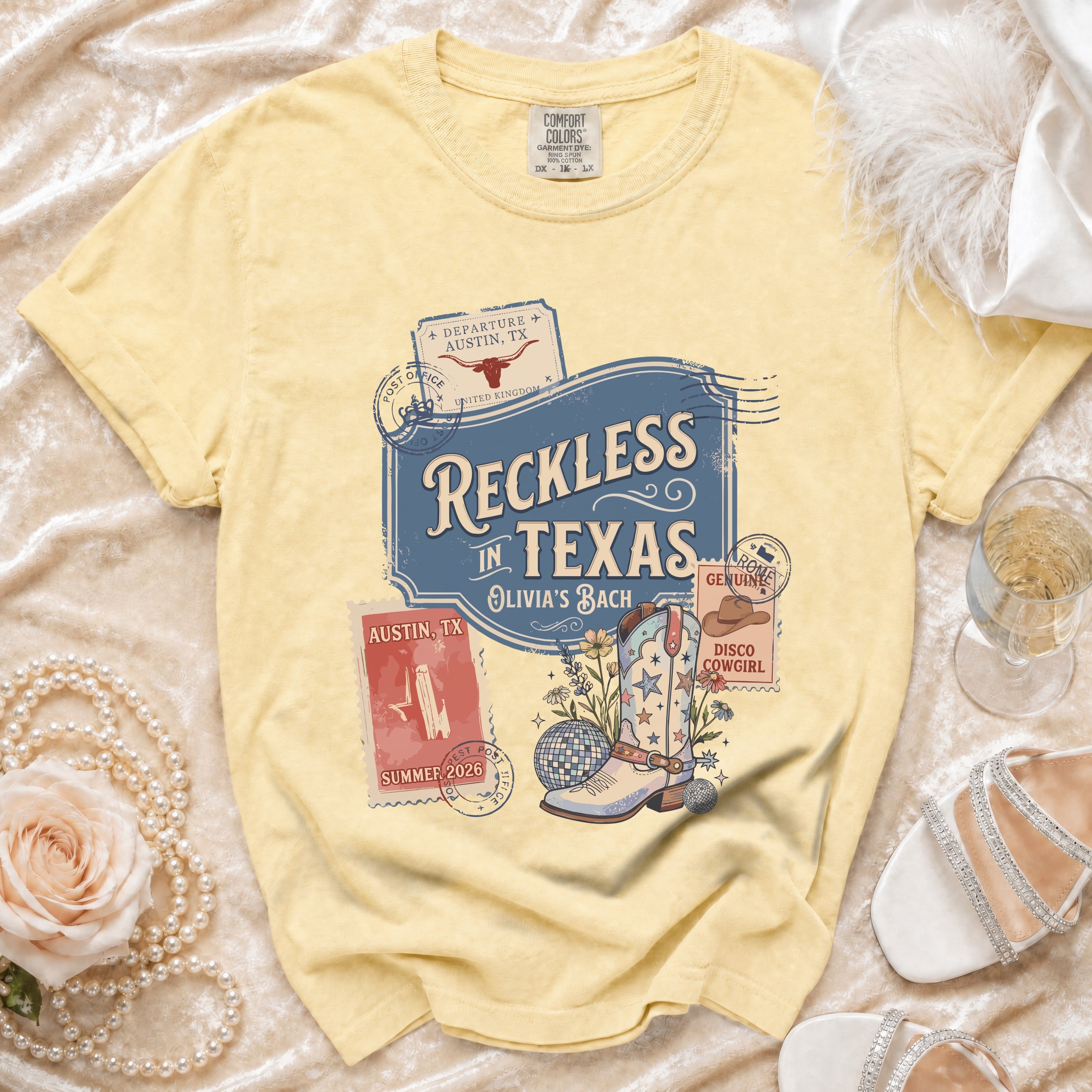 T-shirt with "Reckless in Texas" and disco boot graphic.