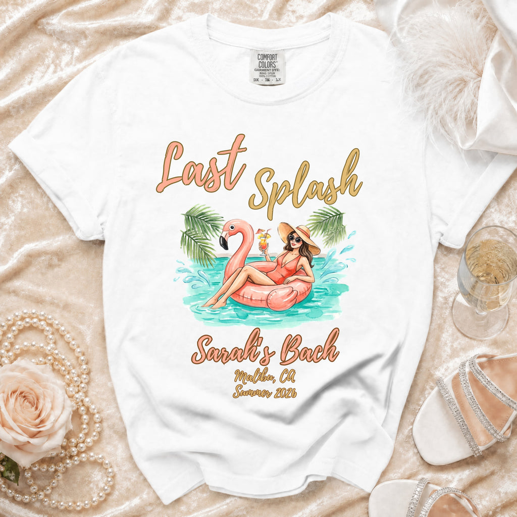 White t-shirt with "Last Splash" and "Sarah's Bach" text.