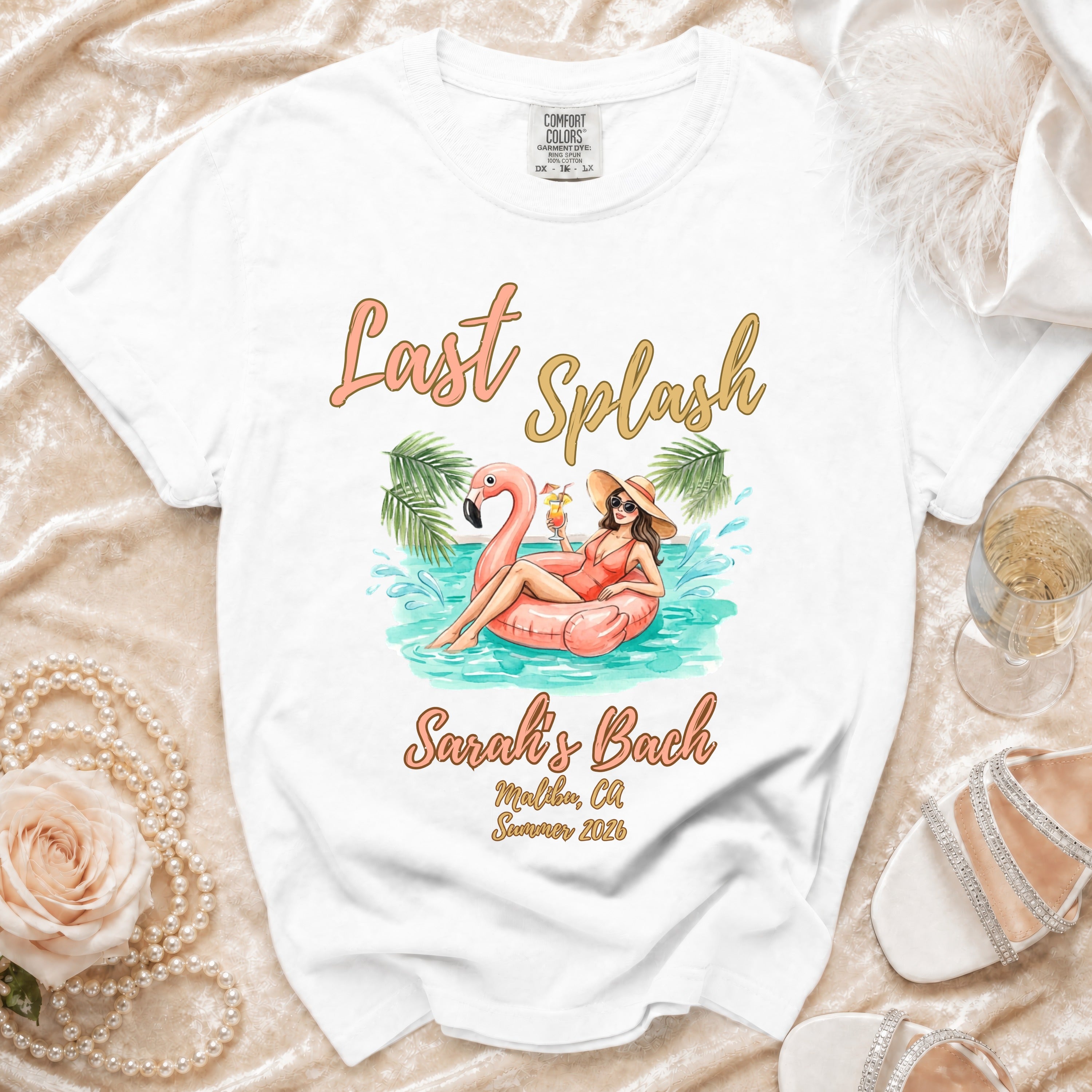 White t-shirt with "Last Splash" and "Sarah's Bach" text.