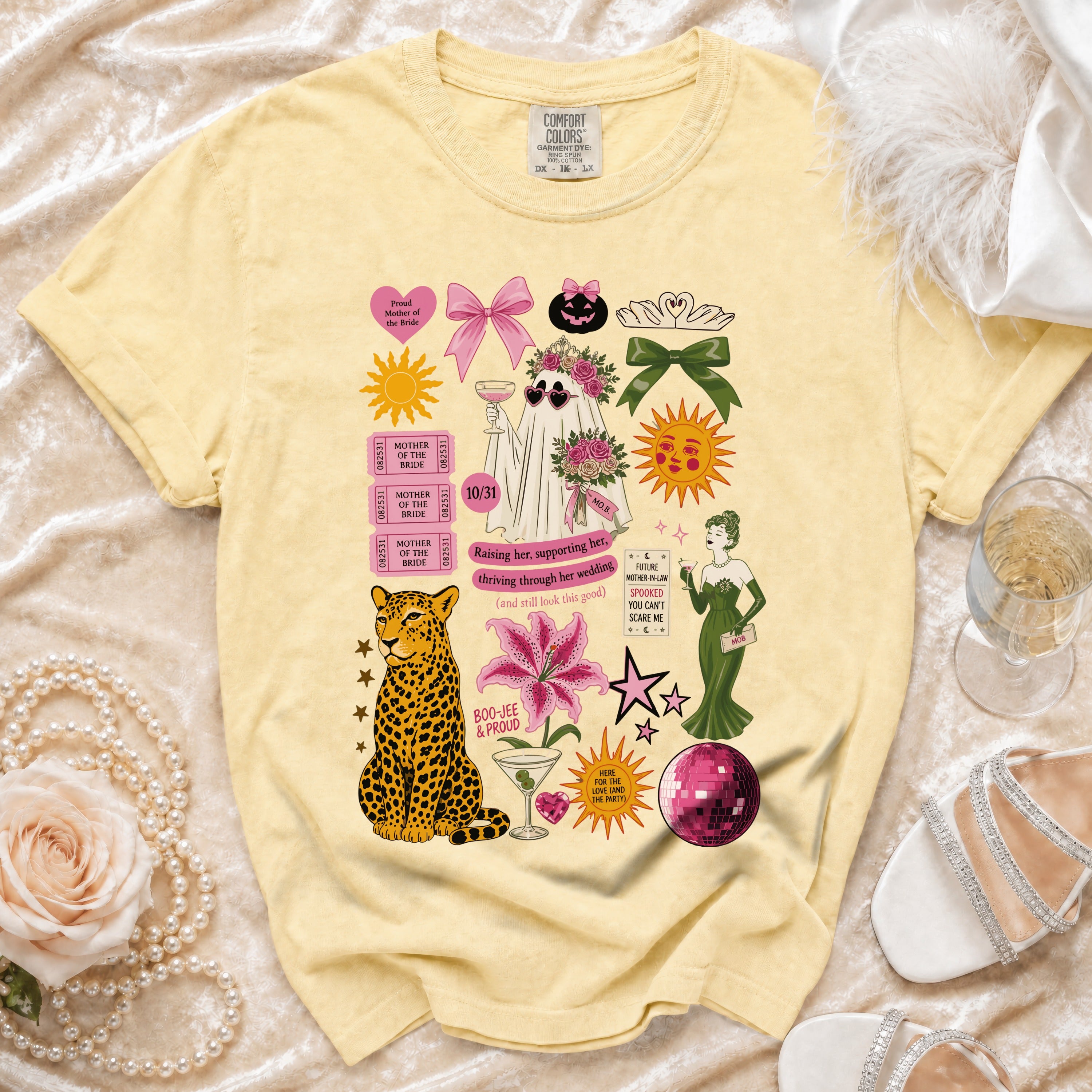 Yellow Comfort Colors shirt with "Mother of the Bride" Halloween-themed graphic designs.