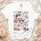 White t-shirt with "BRIDE TO BE" and wedding-themed illustrations.