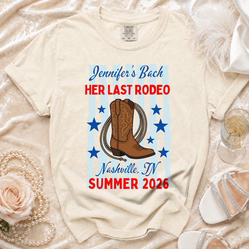 Cowboy boot and lasso graphic on cream t-shirt for Jennifer's Bach, Nashville, Summer 2026.