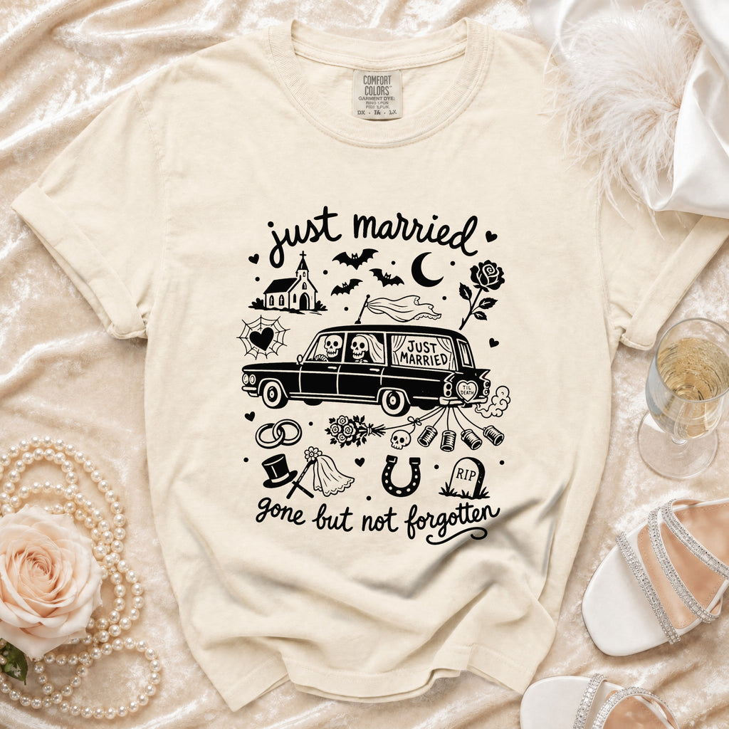 T-shirt with "just married" and "gone but not forgotten" text and gothic wedding graphics.