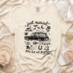 T-shirt with "just married" and "gone but not forgotten" text and gothic wedding graphics.