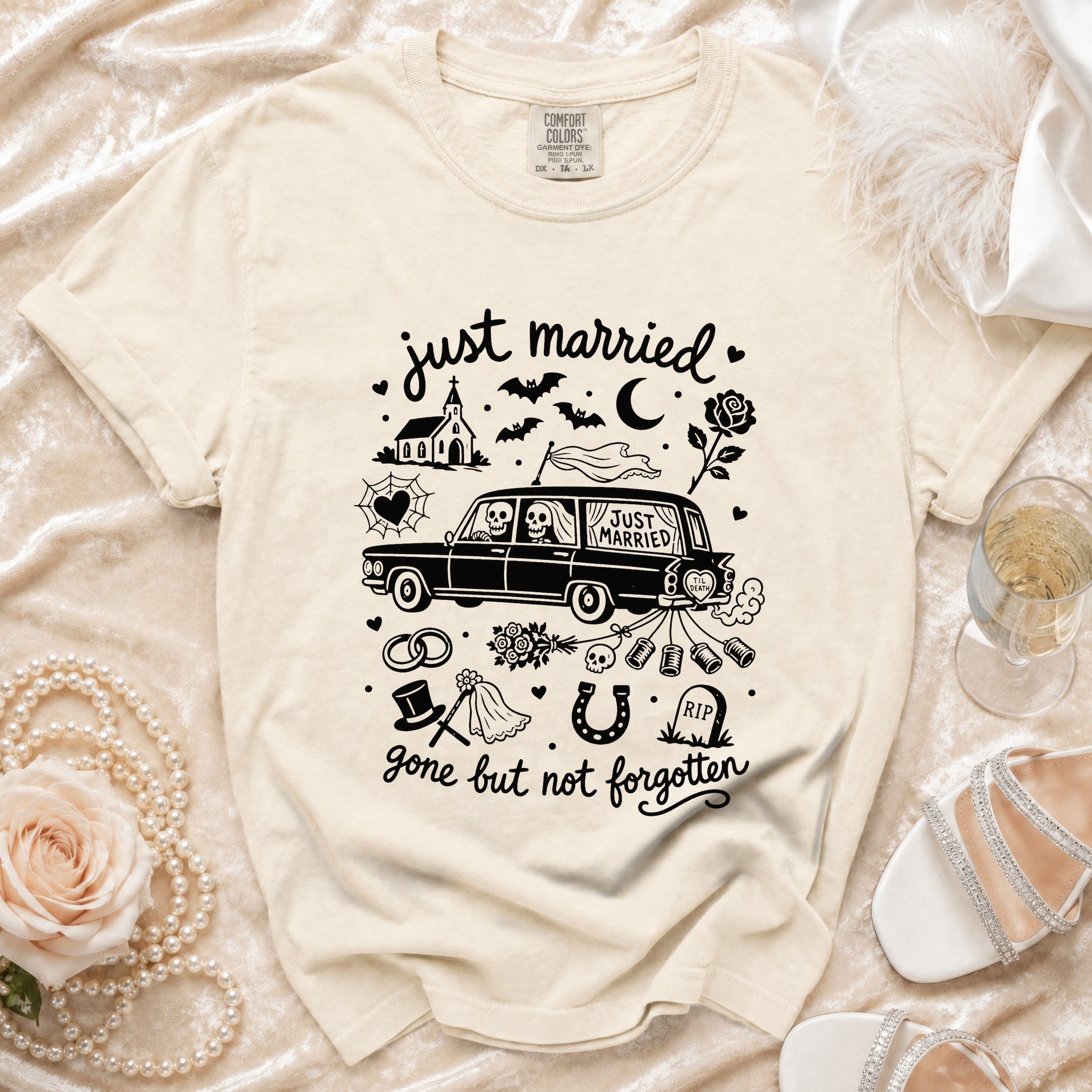 T-shirt with "just married" and "gone but not forgotten" text and gothic wedding graphics.