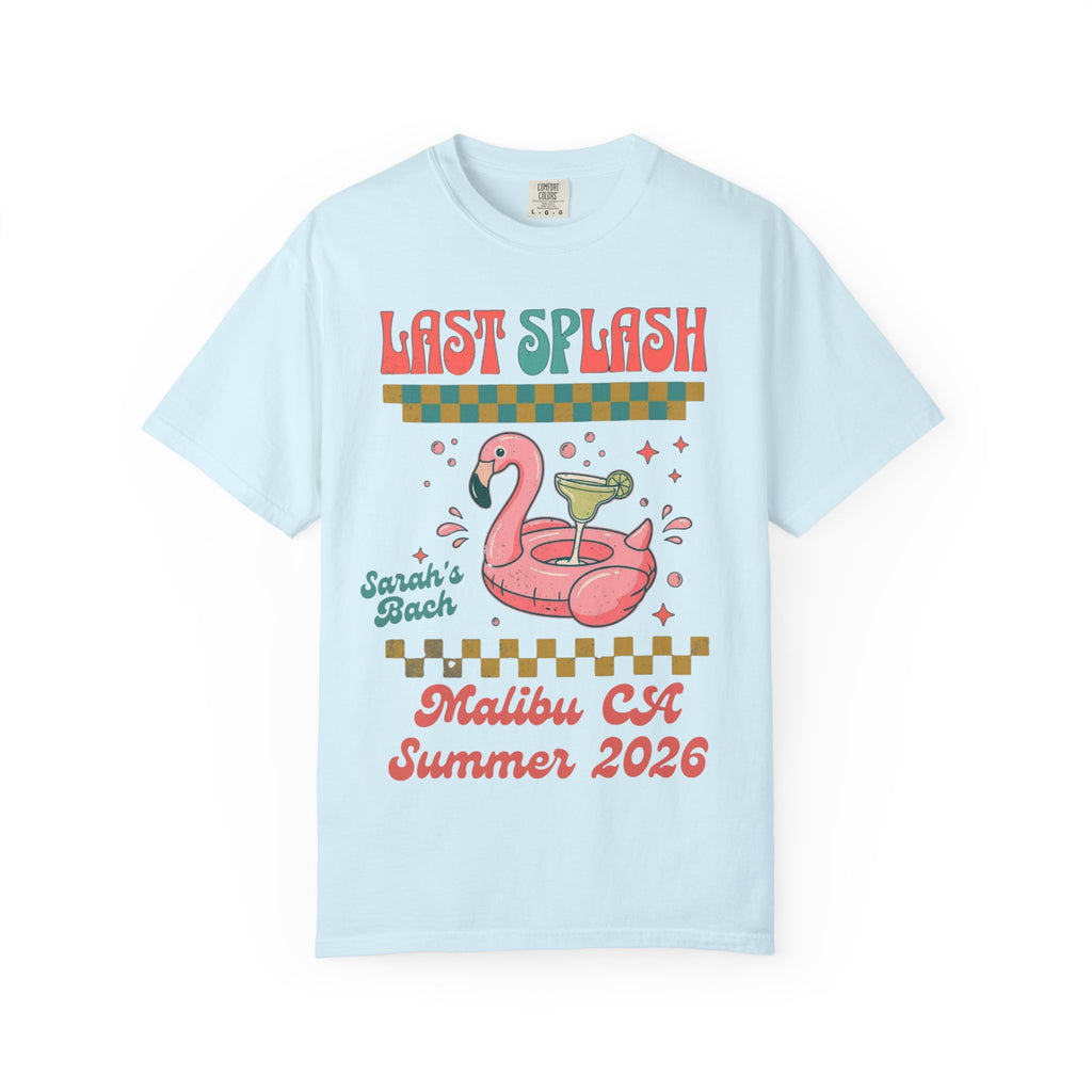 Light blue t-shirt with "Last Splash" and flamingo float graphic.