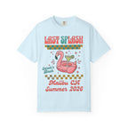 Light blue t-shirt with "Last Splash" and flamingo float graphic.