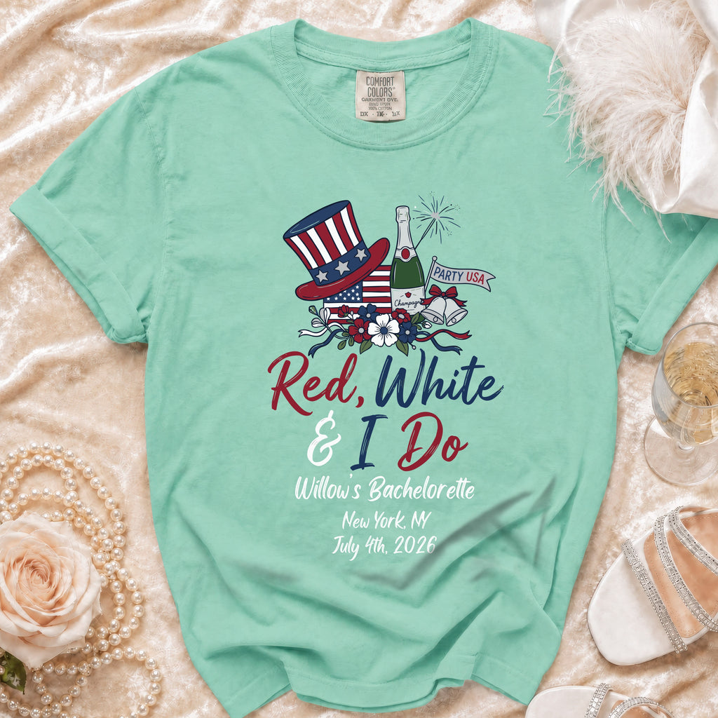 Mint t-shirt with "Red, White & I Do Willow's Bachelorette" text and patriotic graphics.