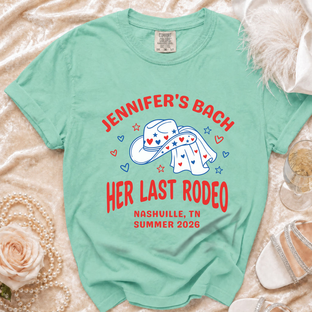 Mint green t-shirt with "Jennifer's Bach Her Last Rodeo Nashville, TN Summer 2026".