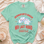 Mint green t-shirt with "Jennifer's Bach Her Last Rodeo Nashville, TN Summer 2026".