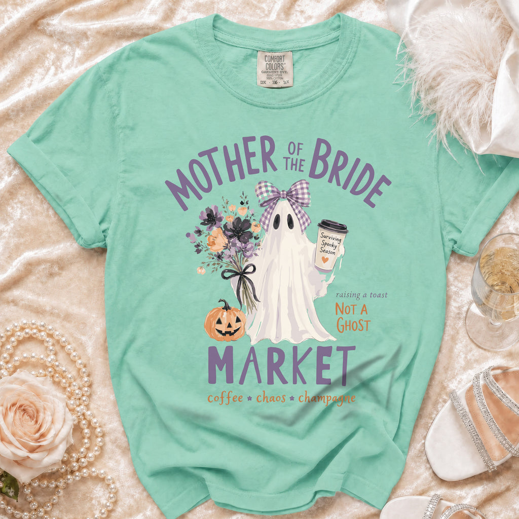 Mint t-shirt with "Mother of the Bride" ghost, flowers, pumpkin, and coffee cup design.
