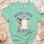 Mint t-shirt with "Mother of the Bride" ghost, flowers, pumpkin, and coffee cup design.