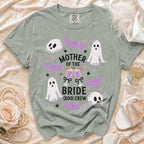 Grey t-shirt with "Mother of the Bride (Boo) Crew" and Halloween graphics.