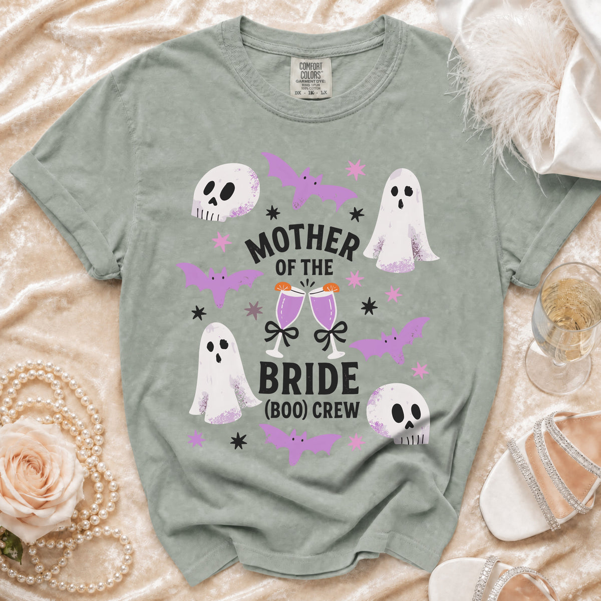Grey t-shirt with "Mother of the Bride (Boo) Crew" and Halloween graphics.