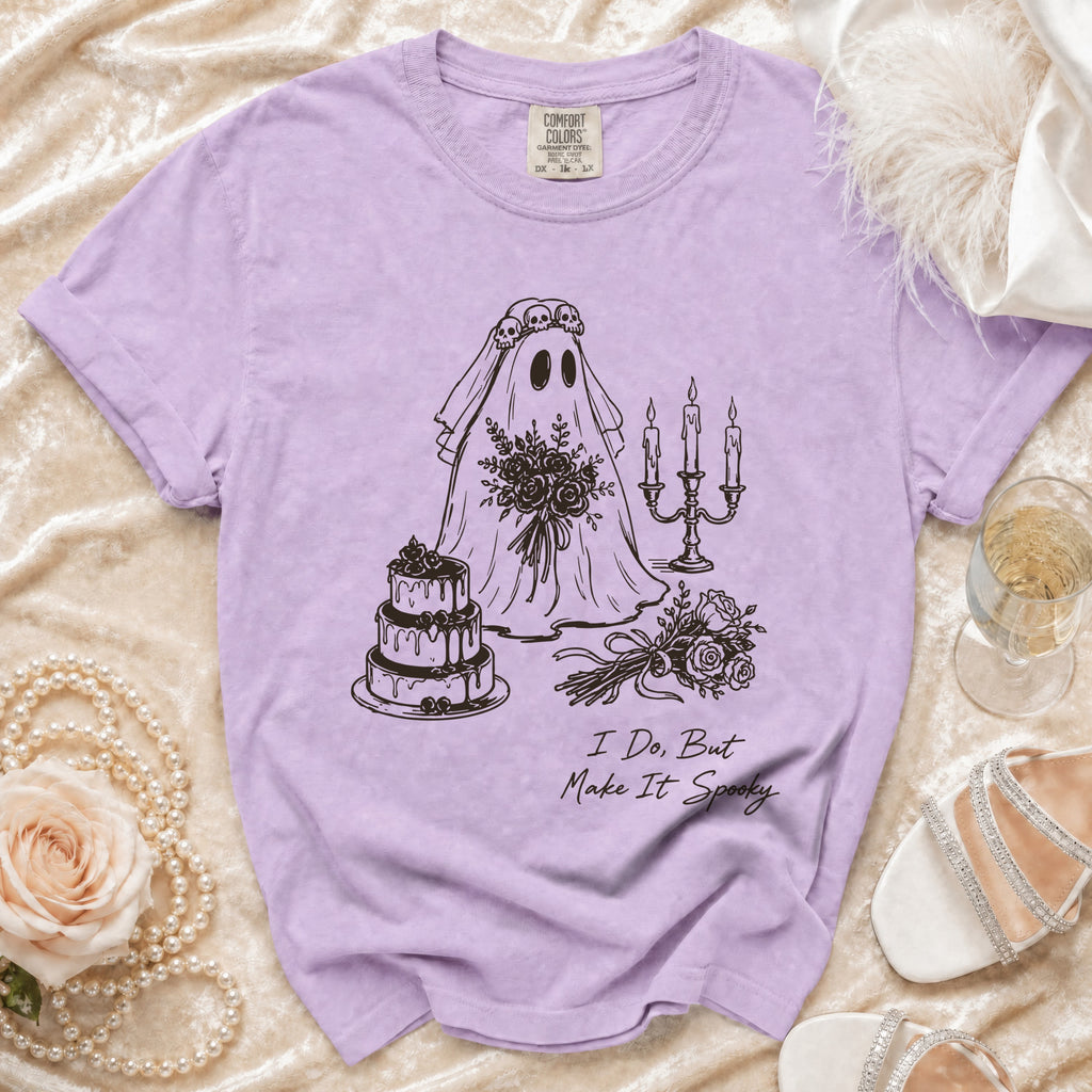 Lavender t-shirt with ghost bride, wedding cake, and text "I Do, But Make It Spooky."