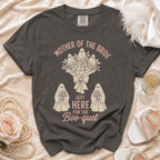 Dark grey t-shirt with "Mother of the Bride" and ghost "Boo-quet" graphic.