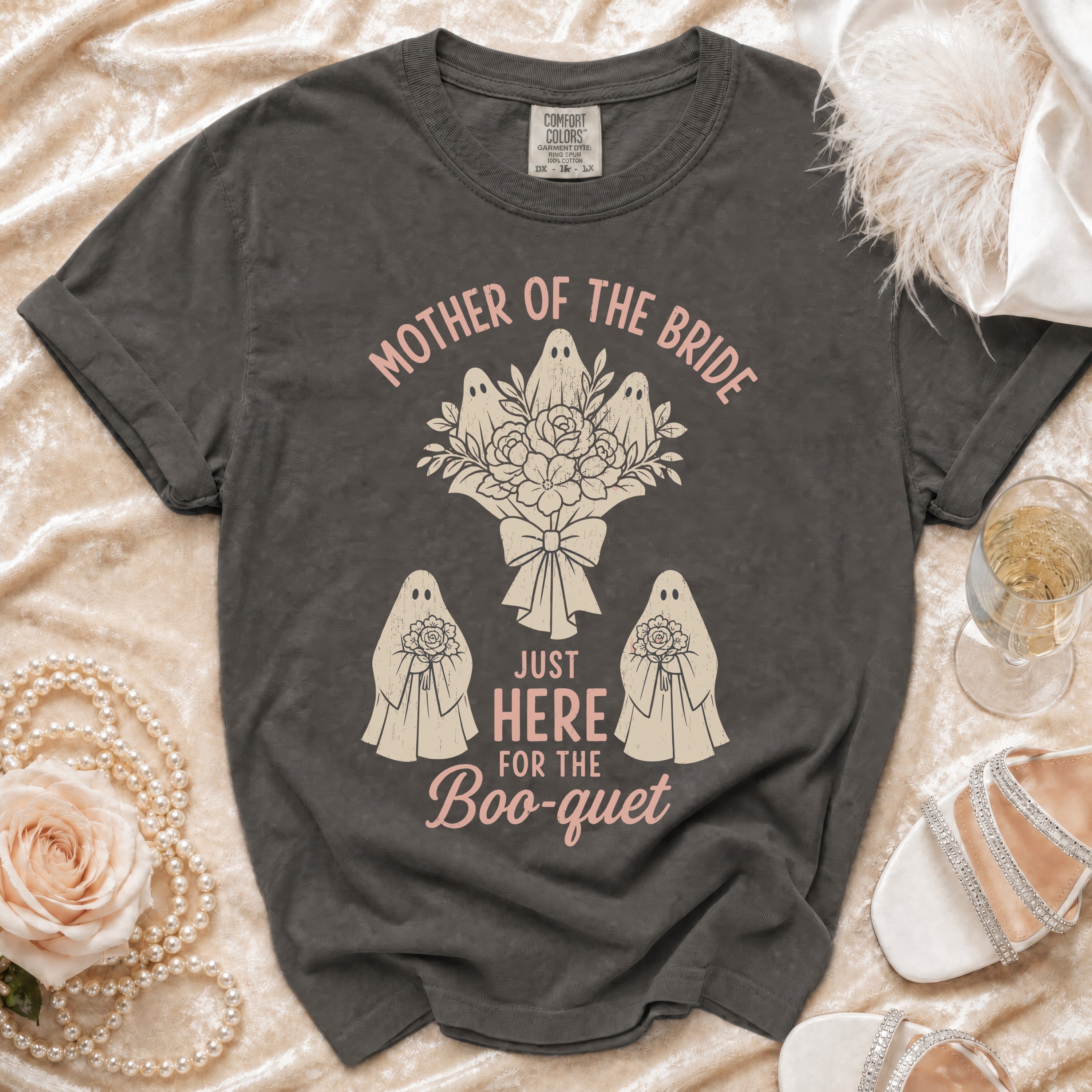 Dark grey t-shirt with "Mother of the Bride" and ghost "Boo-quet" graphic.