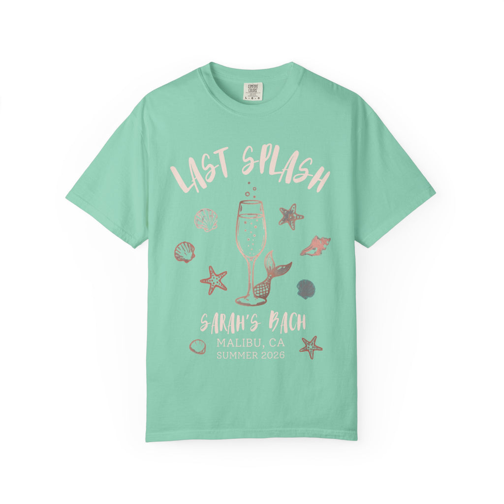Mint t-shirt with "Last Splash Sarah's Bach Malibu, CA Summer 2026" text and graphics.