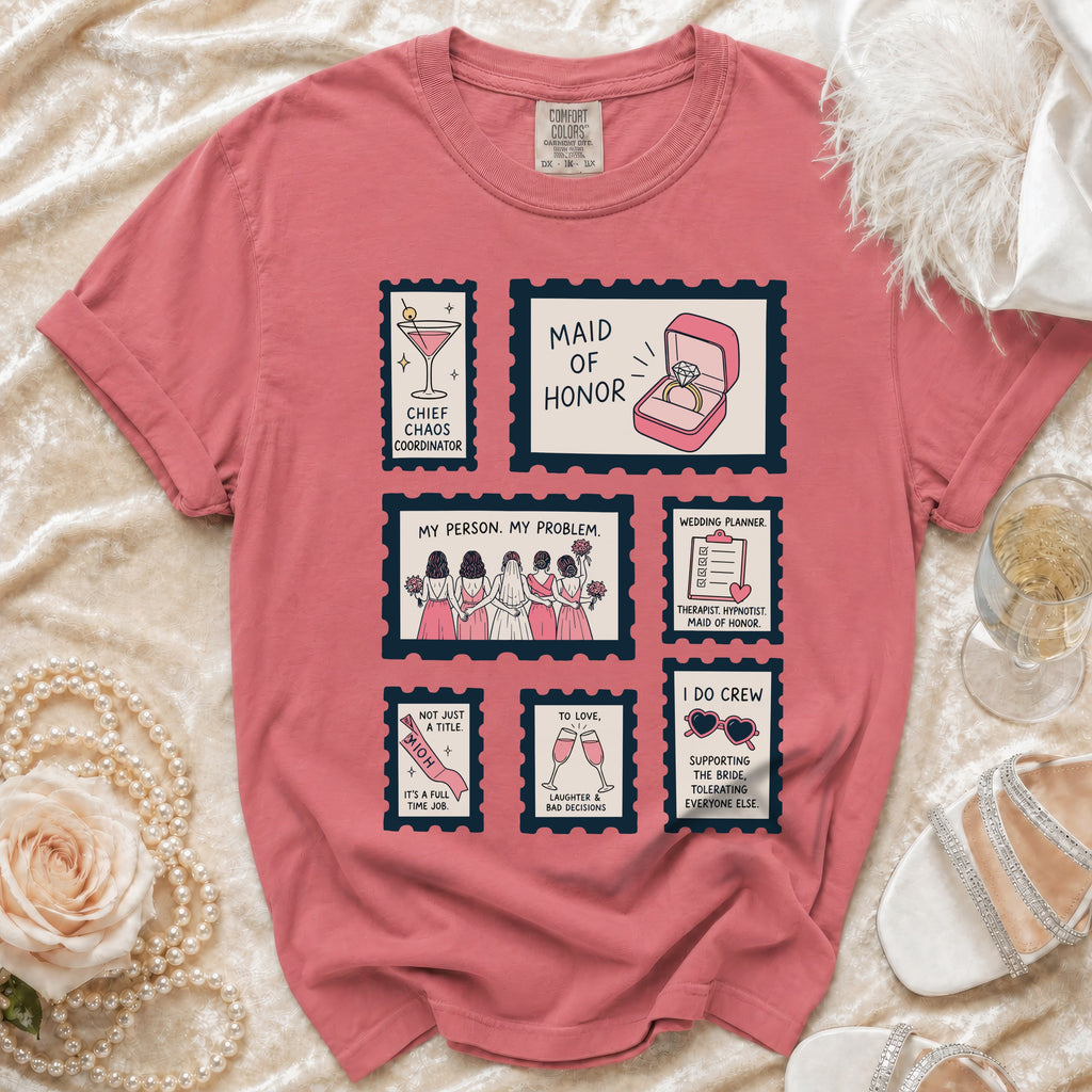 Pink t-shirt with wedding-themed stamps for maid of honor roles.