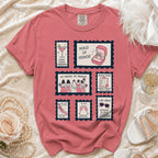 Pink t-shirt with wedding-themed stamps for maid of honor roles.
