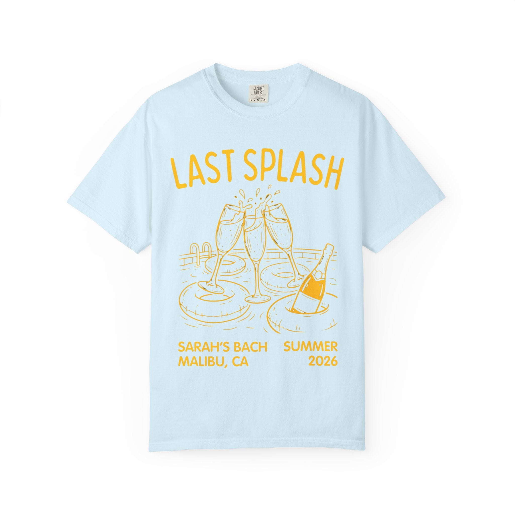 Light blue t-shirt with "Last Splash" and bachelorette party details.