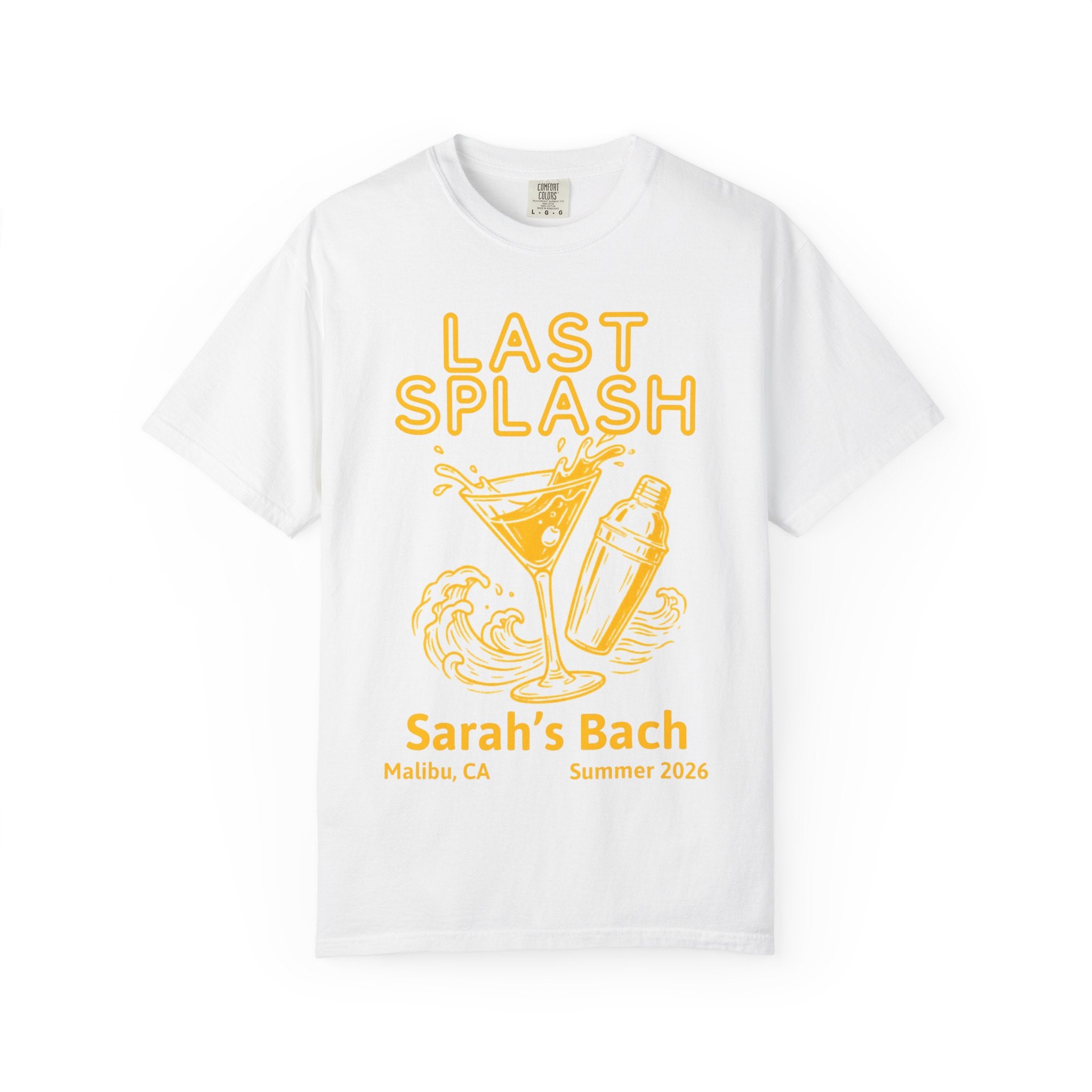 White t-shirt with "Last Splash" text, martini glass, shaker, and waves.
