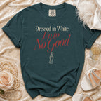 Teal t-shirt with "Dressed in White Up to No Good" text and crossed fingers graphic.