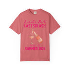 Coral t-shirt with "Sarah's Bach LAST SPLASH" and champagne illustration.
