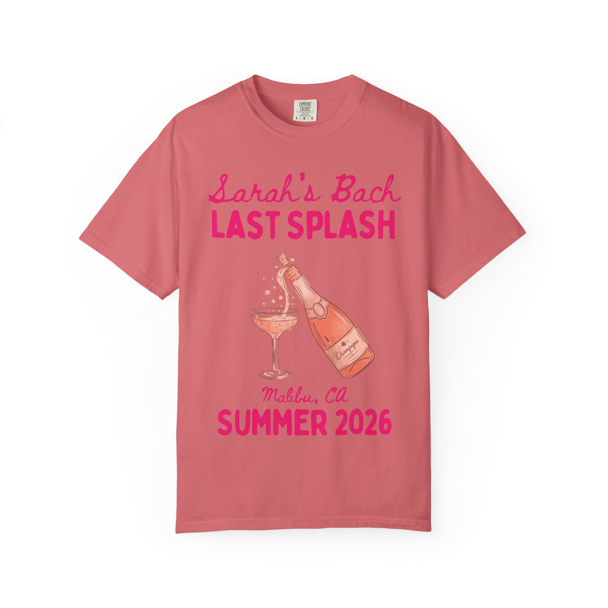 Coral t-shirt with "Sarah's Bach LAST SPLASH" and champagne illustration.