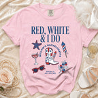 Red, white, and bachelorette text with fireworks, stars, and wedding details.