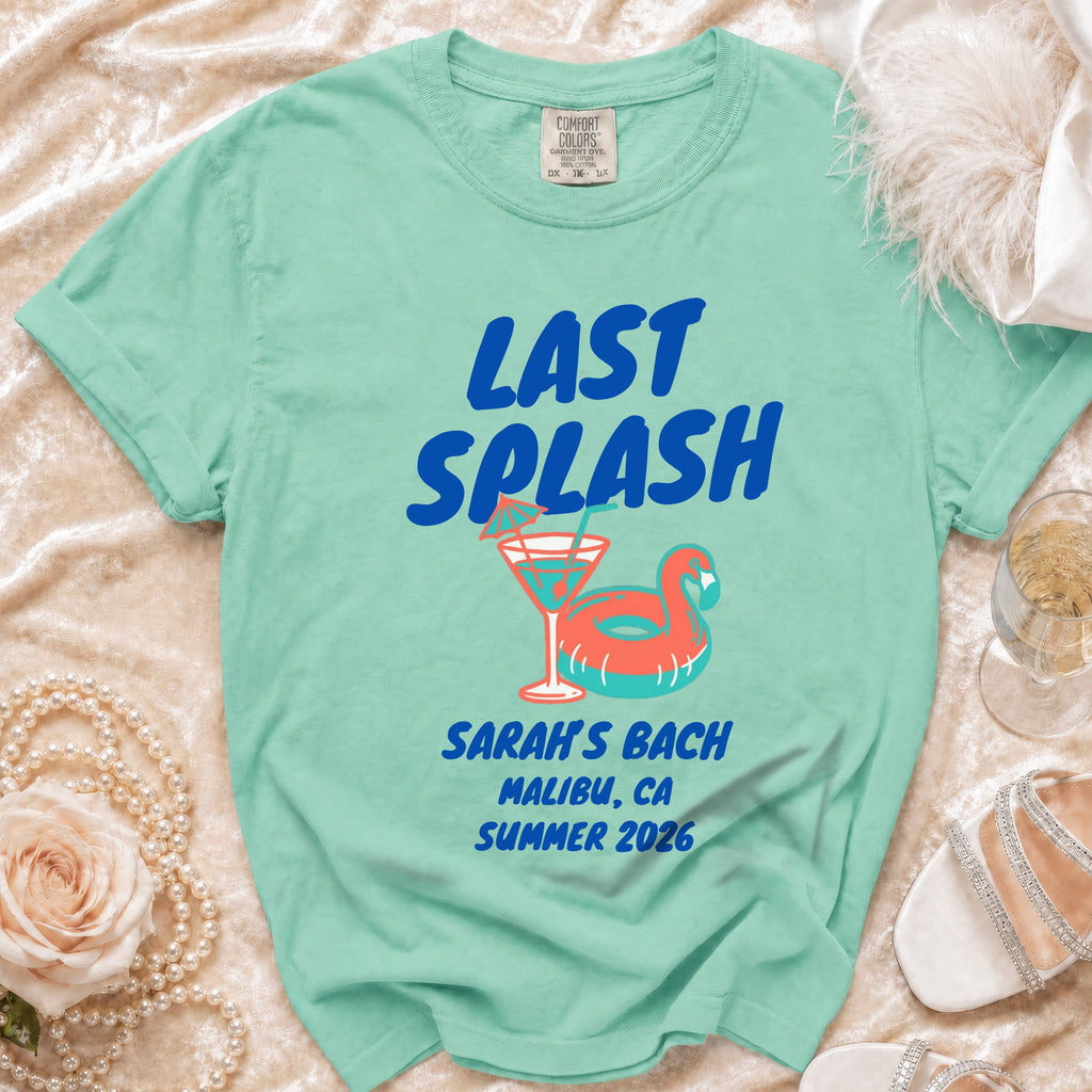 Mint green t-shirt with "Last Splash" text and beach graphics for Sarah's Bach.
