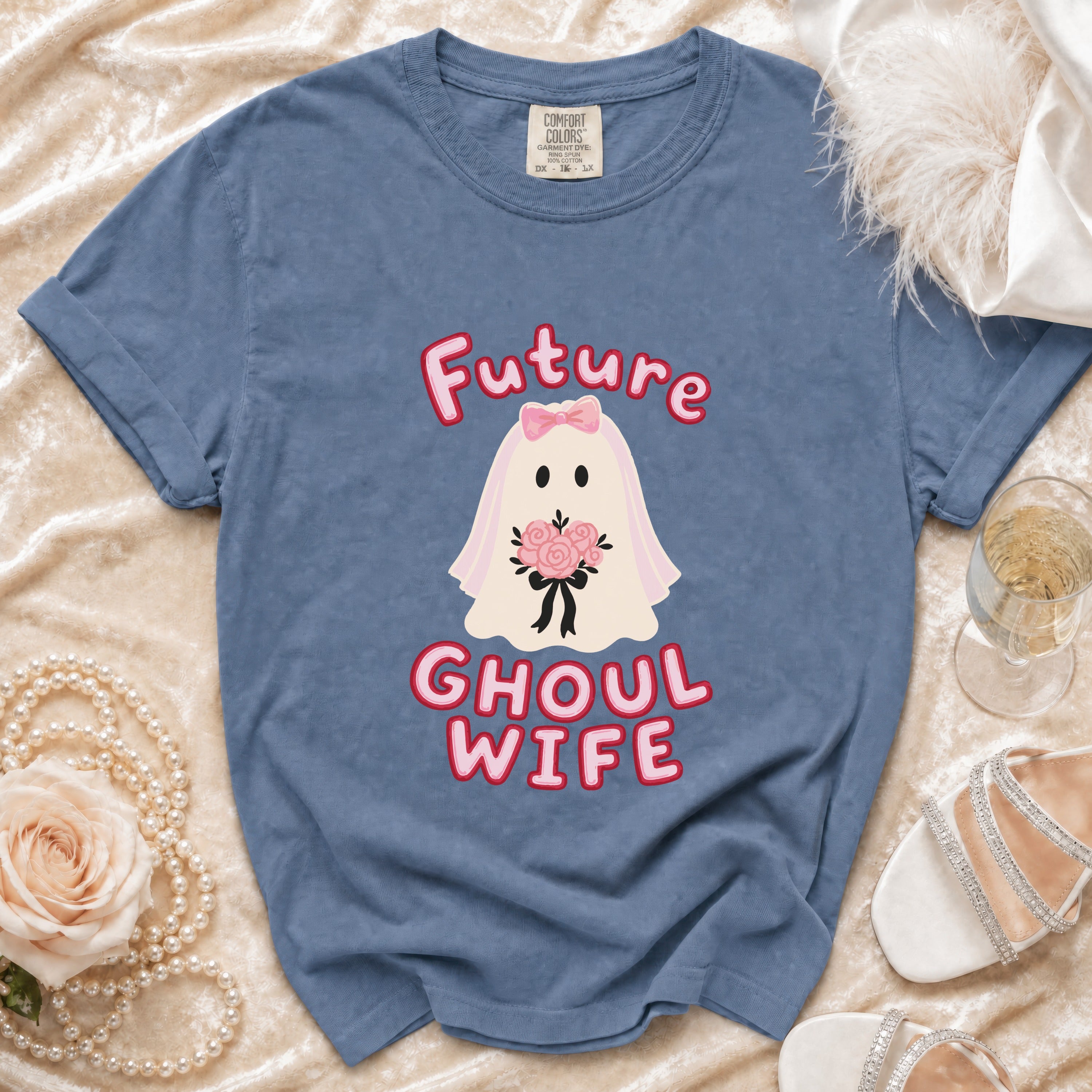 Blue t-shirt with "Future Ghoul Wife" text and a ghost bride graphic.