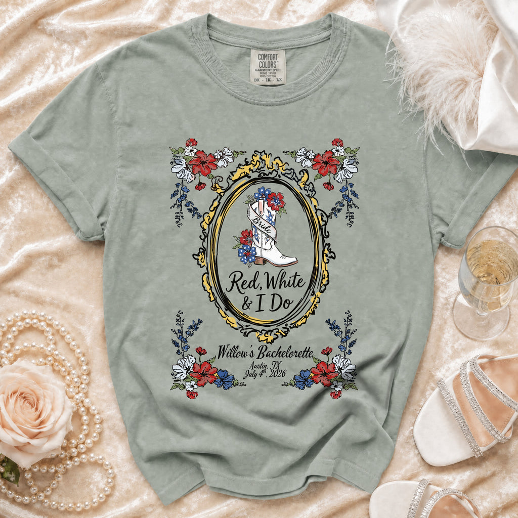 T-shirt with white cowboy boot, "Bride Red, White & I Do", and bachelorette details.