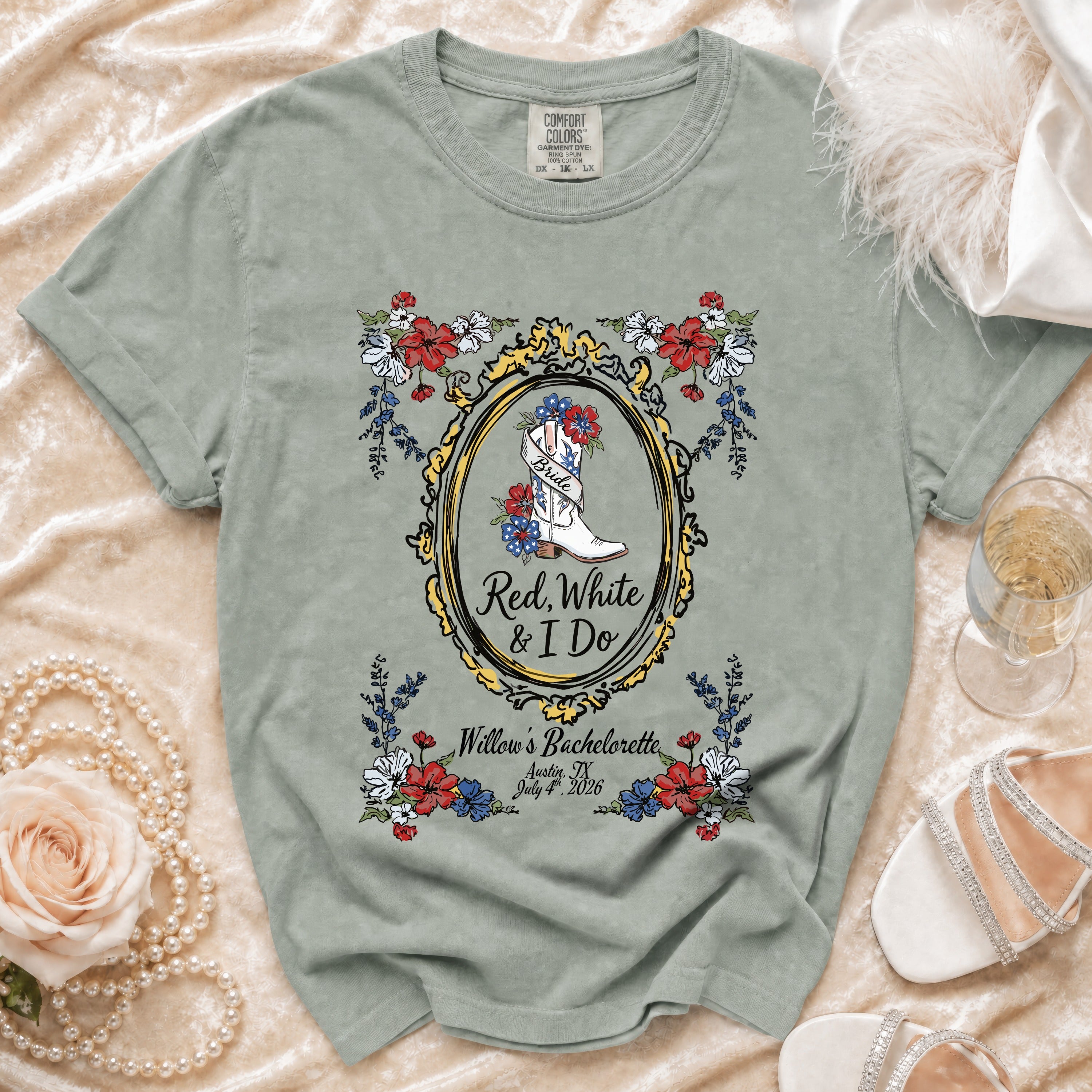 T-shirt with white cowboy boot, "Bride Red, White & I Do", and bachelorette details.