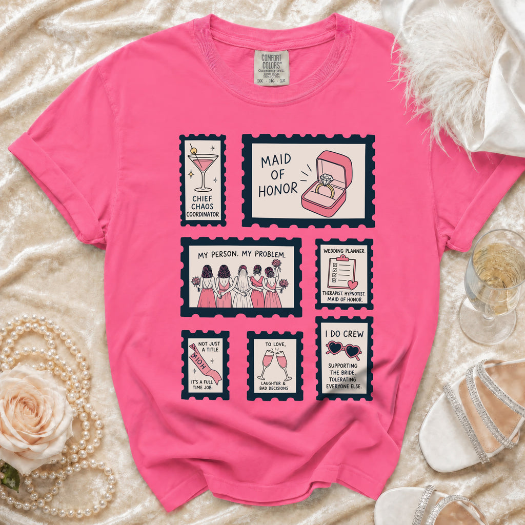 Pink t-shirt with "Maid of Honor" and related bridal party graphics.