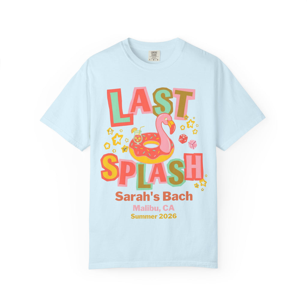 "Last Splash" text and flamingo graphic on a light blue t-shirt.