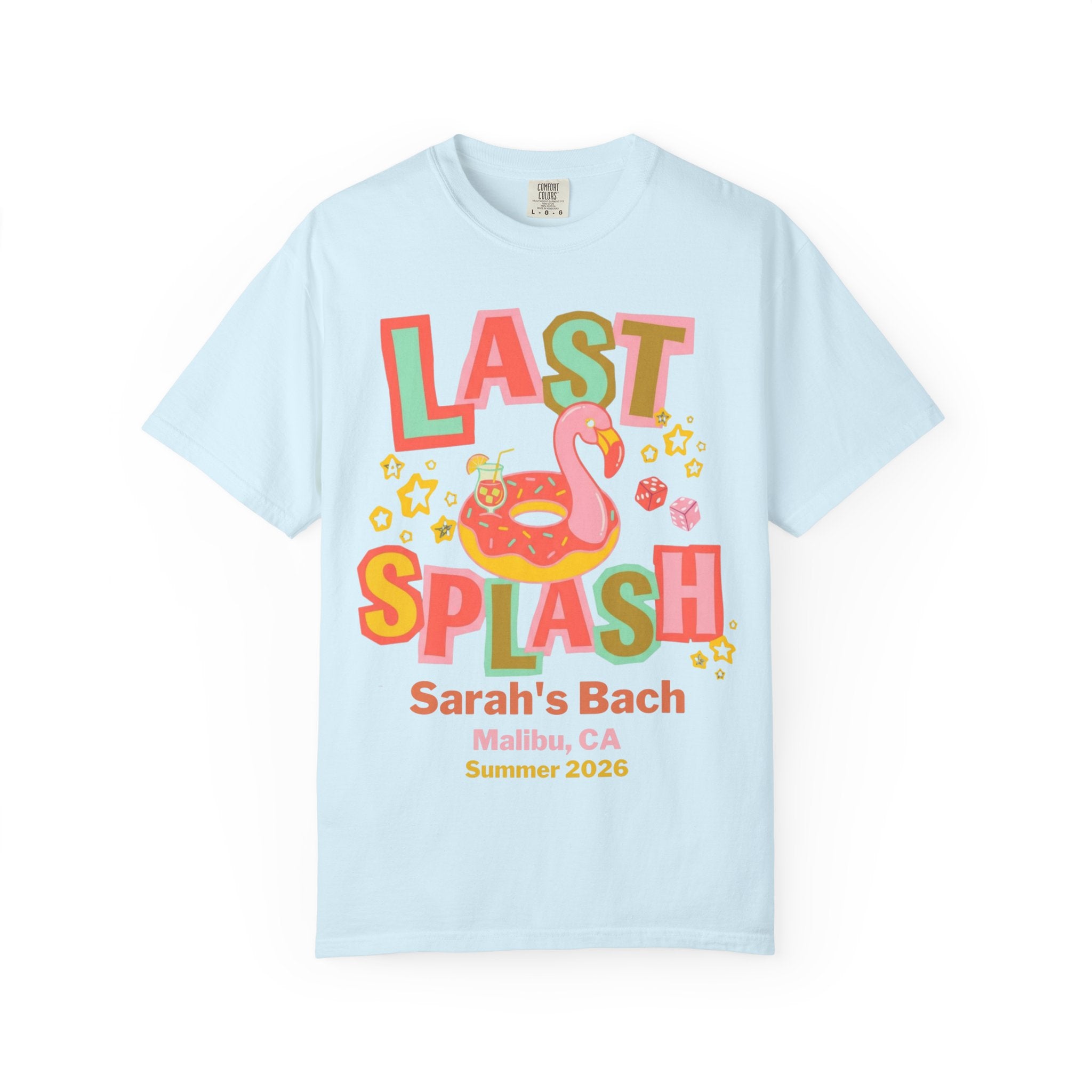 "Last Splash" text and flamingo graphic on a light blue t-shirt.